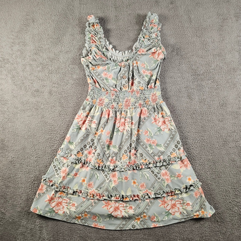 No Boundaries Floral Smocked Waist Ruffle Tiered Mini Dress Sage Green Small 3-5